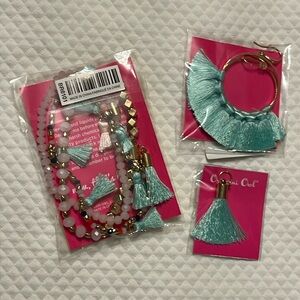 ❤️❤️ Origami Owl Aqua Fringe Tassel Gold-tone Set Earrings Bracelet Pendant NEW!